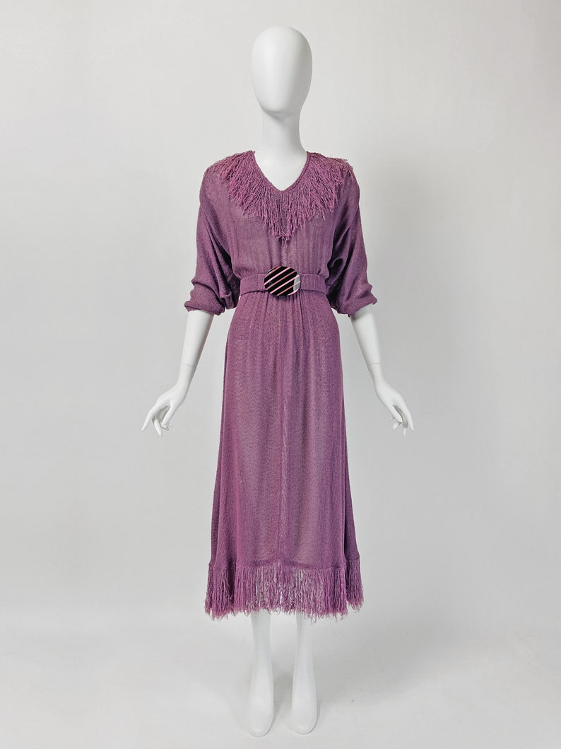 Vintage 70s Boho Maxi Dress with Fringe, Long Belted Dress, Hippie Dress, Lilac Dress, Festival Dress, Small Size 4 6 US, 8 10 UK, O88 image 2