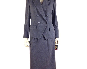 Vintage 80s Sasson Skirt Suit, Wool Skirt Suit, Gray Wool Suit, Double Breasted Blazer, Wool Midi Skirt, Medium Size 8 10 US, 12 14 UK, Y164
