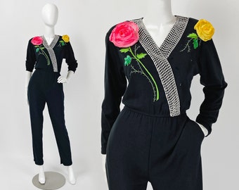 Vintage 80s Floral Jumpsuit, Long Sleeve Jumpsuit with Pockets, Flower Applique and Sequins, Small Medium, Size 6 8 US, 10 12 UK, O21
