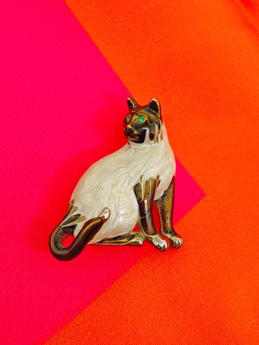 Vintage Cat Brooch 80s 90s Siamese Cat Pin With Green Eyes Etsy