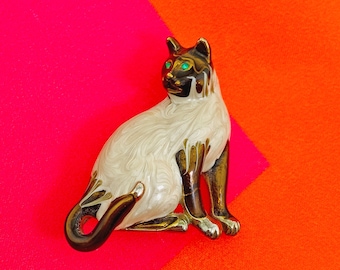 Vintage Cat Brooch, 80s 90s Siamese Cat Pin with Green Eyes, Small Enamel Brooch, Feline Animal Brooches, Artistic Brooches, Gifts for Women