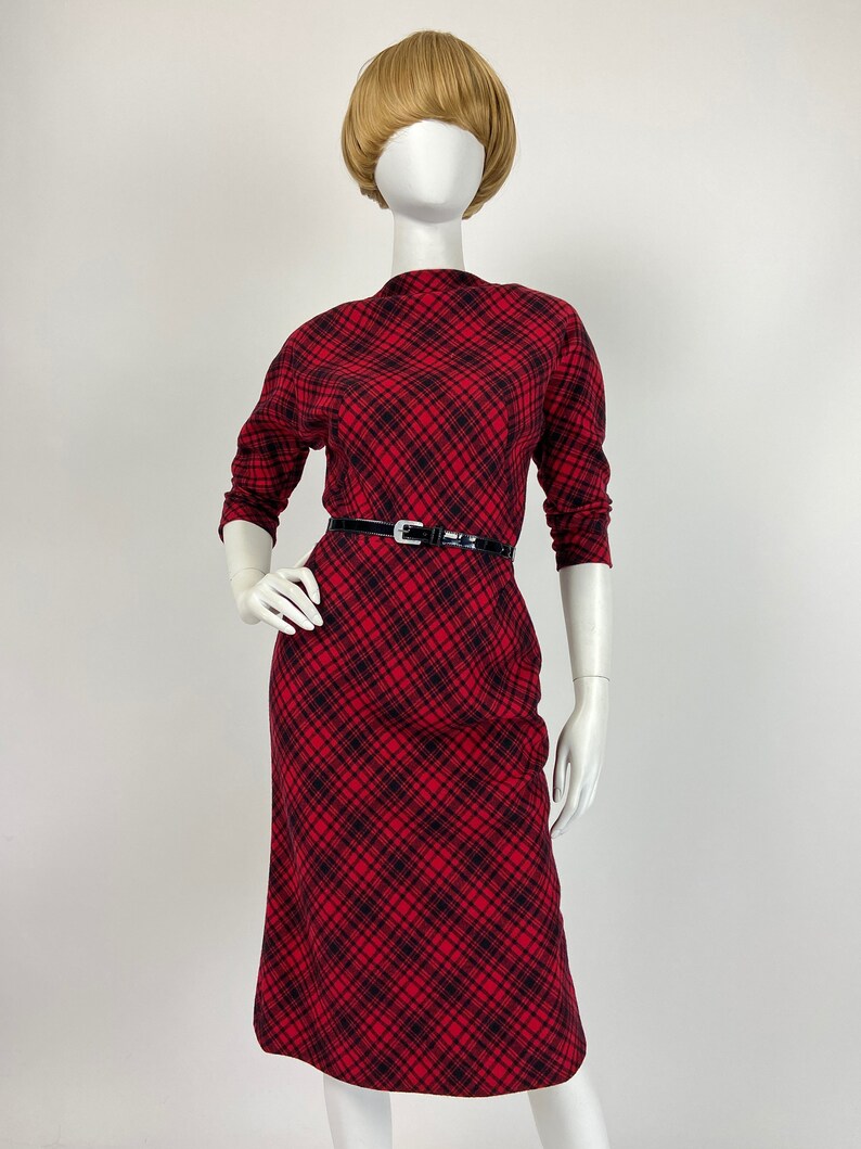 50s Pauline Trigere Dress, Designer Vintage Dress, 50s Wiggle Dress, 1950s Wool Dress, Plaid Dress, XS Small Size 2 4 US, 6 8 UK Y438 image 2