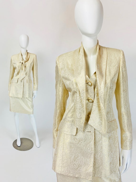 Vintage 90s Silk Skirt Suit, Metallic Gold Suit, … - image 1