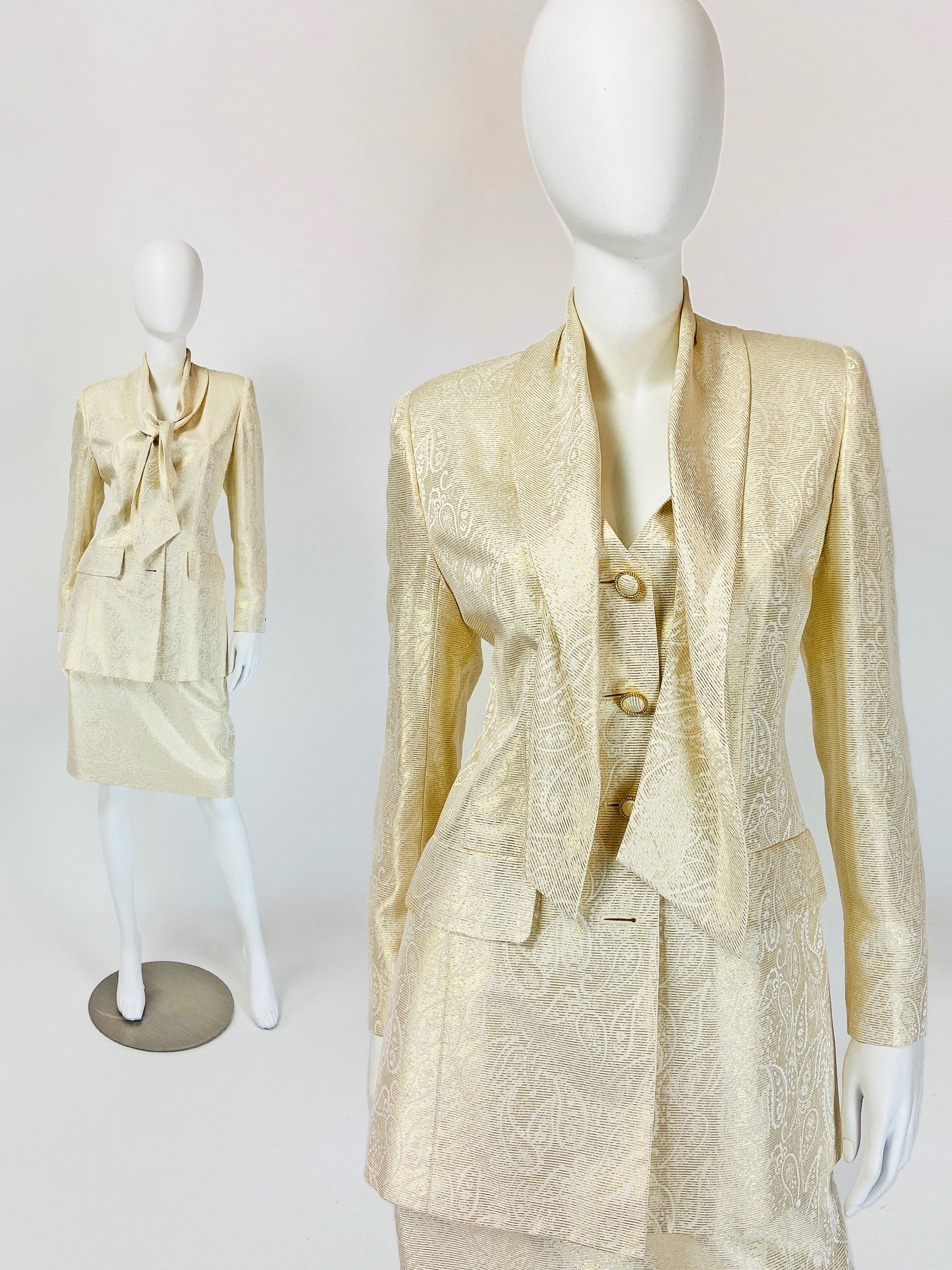 Vintage 90s Silk Skirt Suit Metallic Gold Suit Jacquard - Etsy