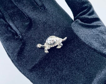 Vintage 90s Tiny Turtle Brooch with Rhinestones, Silver Tone Tortoise Brooch, Small Animal Brooch