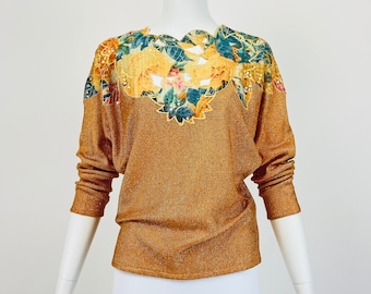 Vintage 80s Top, Sequin Top, Dolman Sleeve Top, Knit Top, Floral Top, Metallic Gold Top, Laurence Corsin, Small Size 4 6 US, 8 10 UK W437