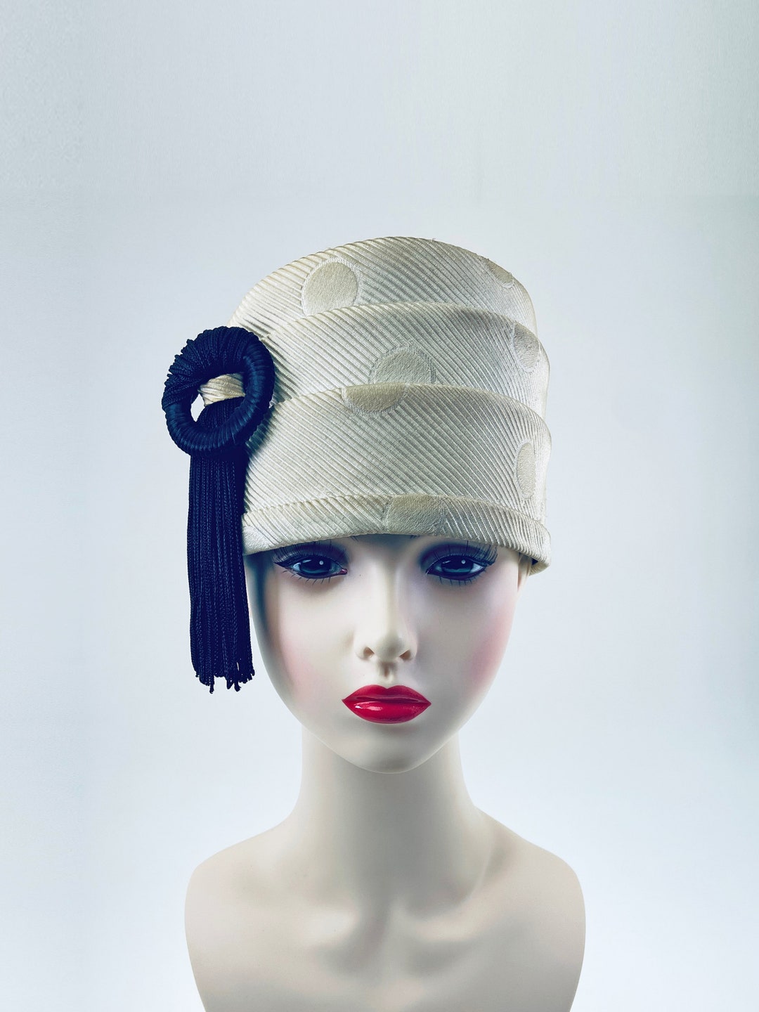 Vintage 60s Fez Hat, Hat With Fringe, Brimless Hat, off White Turban