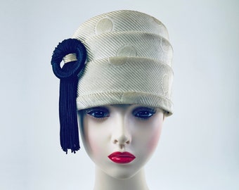 Vintage 60s Fez Hat, Hat with Fringe, Brimless Hat, Off White Turban Hat, Geometric Striped Satin Jacquard Hat, 1960s Womens Vintage Hats