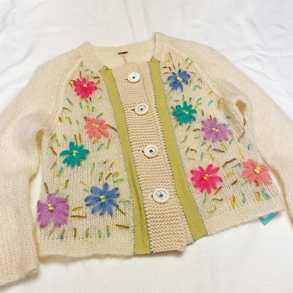 Vintage Free People Sweater, Wool and Mohair Sweater, Retro Cardigan, Floral Sweater, See Thru Sweater, Whimsical Sweater, Medium, B162