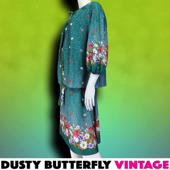 M L, Vintage 70s Teal Secretary Dress & Jacket Se… - image 10