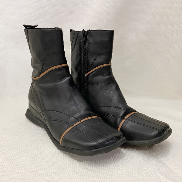 Vintage 90s Square Toe Booties, 00s Y2K Black Leather Boots, Low Heel Ankle Boots vtg, Retro Shoes, Creepers, Size 8M US,