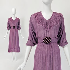 Vintage 70s Boho Maxi Dress with Fringe, Long Belted Dress, Hippie Dress, Lilac Dress, Festival Dress, Small Size 4 6 US, 8 10 UK, O88 image 1