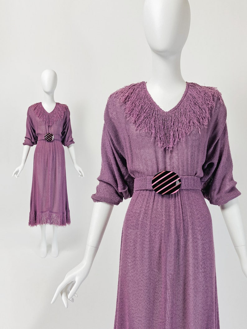 Vintage 70s Boho Maxi Dress with Fringe, Long Belted Dress, Hippie Dress, Lilac Dress, Festival Dress, Small Size 4 6 US, 8 10 UK, O88 image 1