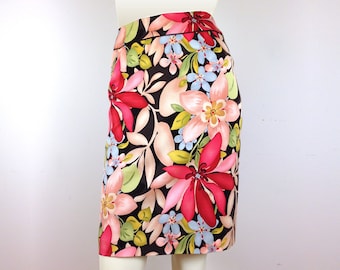 Vintage 90s Talbots Silk Floral Skirt with Stretch, Colorful Knee Length Skirt, Work Skirt with Slit, Small Size 4 6 US, 8 10 UK, P180