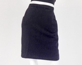 Vintage Sonia Rykiel Skirt, 90s Black Wool Skirt, Designer Skirt vintage, Skirt with Pockets, Straight Skirt, Small 4 6 US, 8 10 UK, P184