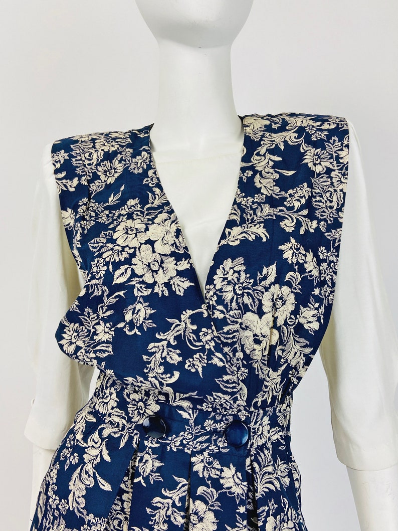 Floral Dress Career Dress Size 6 8 US 10 12 UK B282 Navy Blue Dress Shoulder Pad Dress Small Medium Vintage 80s Secretary Dress
