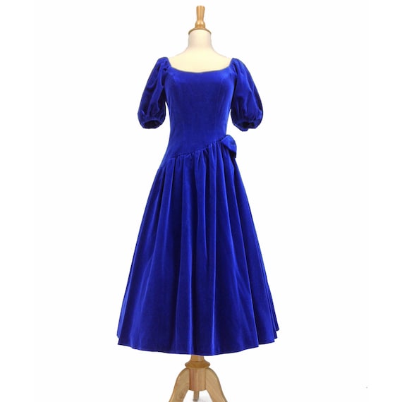 Vintage 50s Blue Velvet Dress Full Skirt Rockabilly Pinup Prom