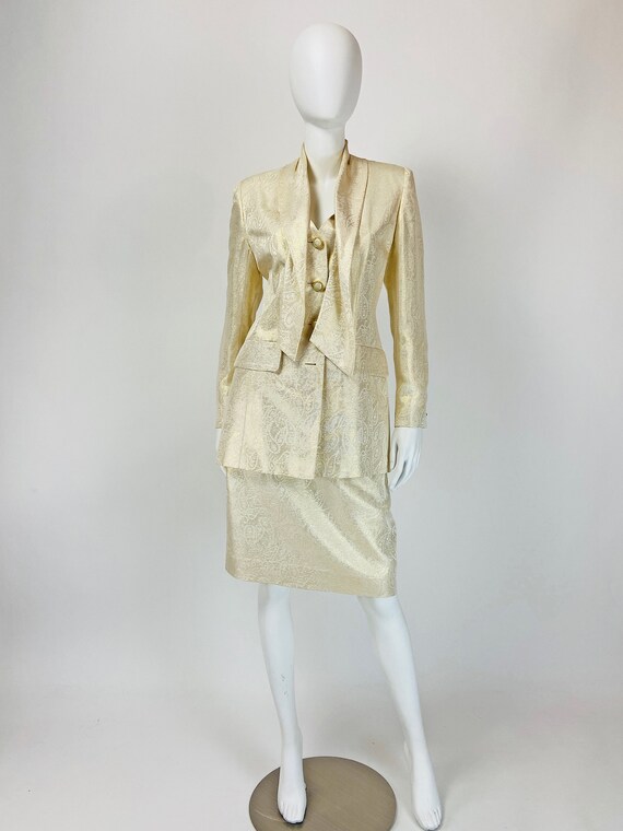 Vintage 90s Silk Skirt Suit, Metallic Gold Suit, … - image 2