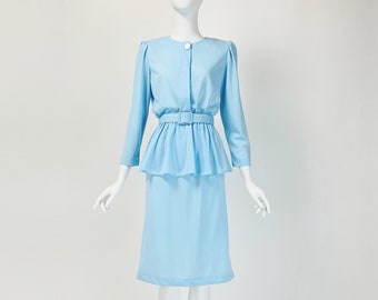 Vintage 80s Secretary Dress, Pastel Dress, Baby Blue Dress, Shoulder Pad Dress, Peplum Dress, Belted Dress, Small Size 6 US, 10 UK, W397