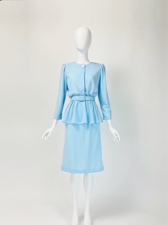 Vintage 80s Secretary Dress, Pastel Dress, Baby Blue Dress