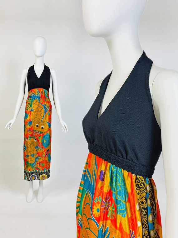 Vintage 60s 70s Halter Top Maxi Dress, Backless Dr