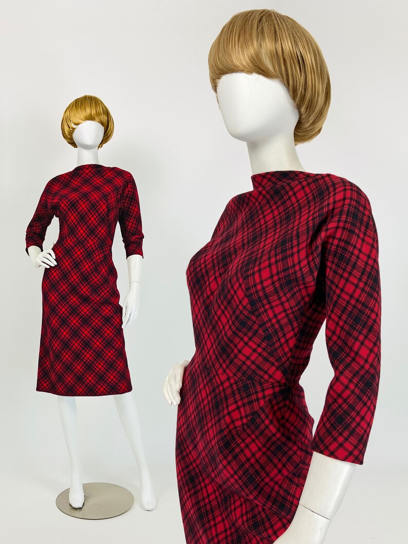 50s Pauline Trigere Dress, Designer Vintage Dress, 50s Wiggle Dress, 1950s Wool Dress, Plaid Dress, XS Small Size 2 4 US, 6 8 UK Y438 image 1