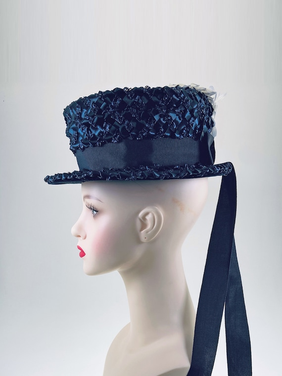 Vintage 60s Navy Blue Straw Hat with 3D Flowers, S