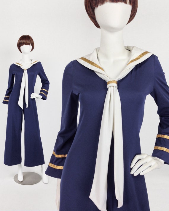 RARE Vintage 70s Jumpsuit, Sailor Jumpsuit, Bell … - image 1
