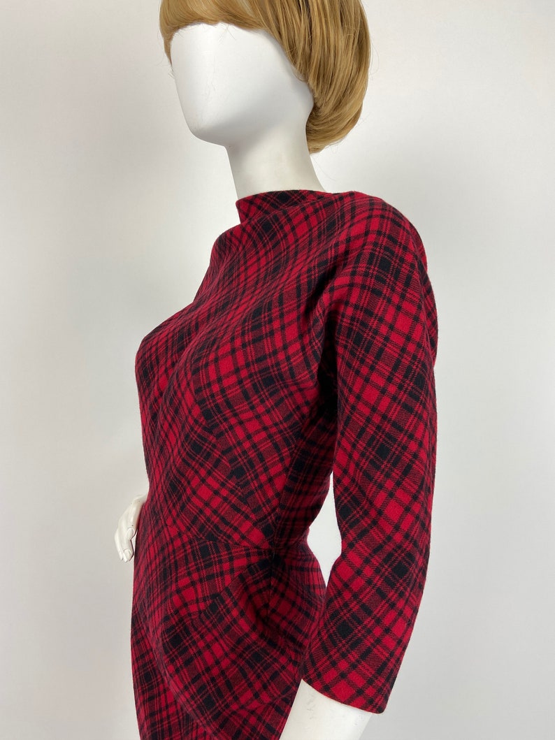 50s Pauline Trigere Dress, Designer Vintage Dress, 50s Wiggle Dress, 1950s Wool Dress, Plaid Dress, XS Small Size 2 4 US, 6 8 UK Y438 image 5