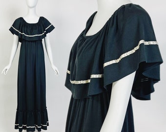 Vintage 70s Maxi Dress, Festival Boho Cottagecore Dress, Off Shoulder Maxi, Ruffle Hem Cape Dress, Small Size 4 6 US, 8 10 UK, G372