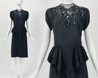 Vintage 1940s Dress, 40s Cocktail Dress, Sequin Dress, Peplum Dress, Rayon Dress, Illusion Dress, Small Medium, Size 6 8 US, 10 12 UK, W452