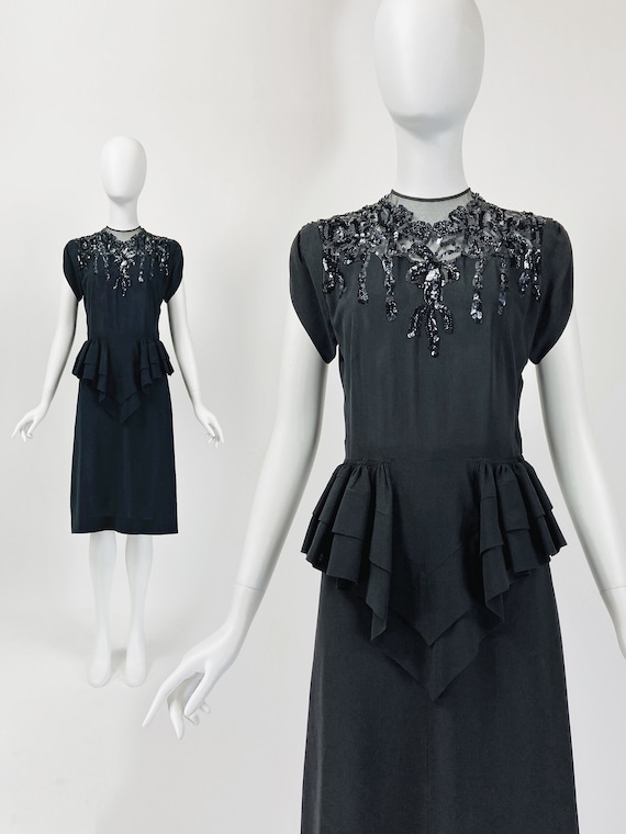 Vintage 1940s Dress, 40s Cocktail Dress, Sequin Dress, Peplum
