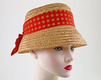 Vintage 50s 60s Straw Bucket Hat, Straw Hat with Ribbon, 1950s Summer Hats women, Hat with Bow in Back, 1960s Beach Hats, Womens Vtg Hats