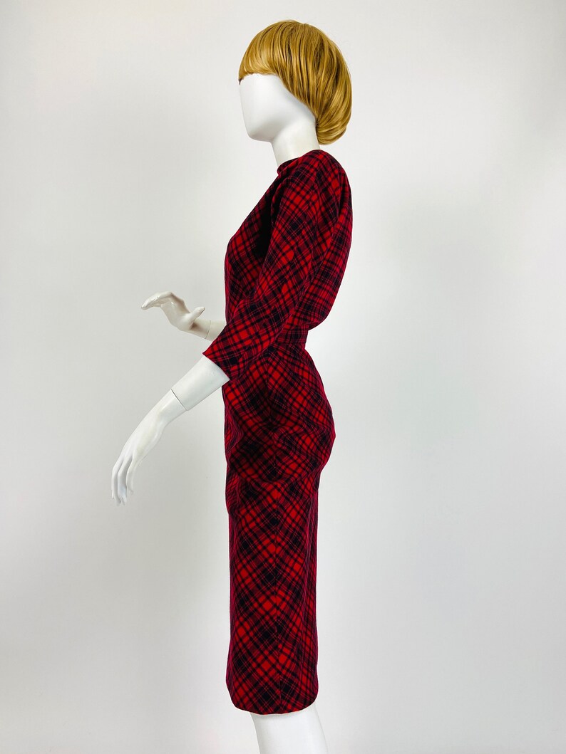 50s Pauline Trigere Dress, Designer Vintage Dress, 50s Wiggle Dress, 1950s Wool Dress, Plaid Dress, XS Small Size 2 4 US, 6 8 UK Y438 image 7