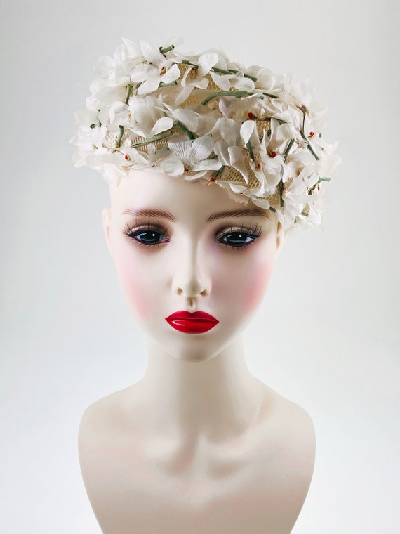Vintage 50s 60s Floral Hat, 3D Flower Hat, Pillbo… - image 2