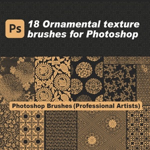 Peut inclure: Un ensemble de 18 brosses Photoshop présentant des textures ornementales complexes en or et noir. Les brosses sont conçues pour les artistes professionnels et offrent une variété de motifs, notamment des motifs floraux, géométriques et abstraits.