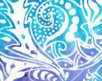 May include: A seamless pattern with a white paisley design on a blue and purple watercolor background.