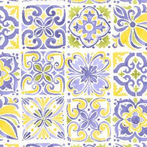 May include: A seamless pattern of watercolor painted tiles in shades of yellow, purple, and green. The tiles feature intricate floral and geometric designs.