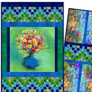 May include: A quilt pattern featuring a floral design with a blue vase, a checkered pattern, and the text "A Year of Art - Spring -."
