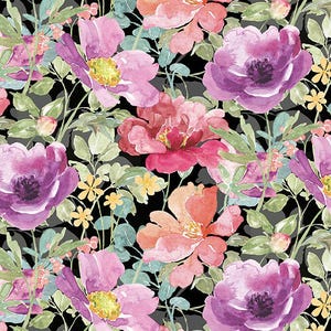 May include: A watercolour floral print featuring pink, purple and red flowers on a black background. The flowers are arranged in a random pattern and have a soft, romantic feel.
