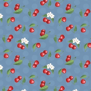 Fresh & Sweet Cherry Toss on Blue by Janelle Penner for Wilmington Prints  -88648-437