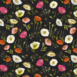 Poppy Dreams Tossed Poppies on Black Y3987-3 Sue Zipkin for Clothworks