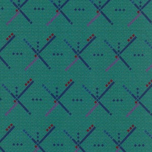 May include: Teal fabric with a repeating geometric pattern. The design features dark blue and light blue lines crossing each other, with red and purple accents. Small white dots fill the background.