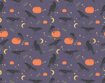 May include: A seamless pattern featuring black crows, orange pumpkins, and yellow stars on a purple background. The pattern is perfect for Halloween or fall-themed crafts.
