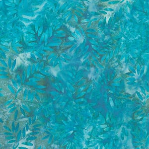 May include: A teal and blue batik fabric. The design showcases leaf-like forms in diverse teal shades, producing a textured, natural look. The background has a mottled effect with touches of brown, creating a sense of depth.