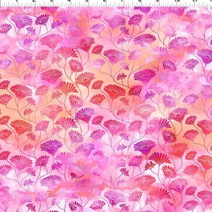 May include: A fabric with a floral pattern in shades of pink, fuchsia, and red. The design features stylized flowers with delicate stems against a watercolor-like background. The overall effect is soft and feminine.