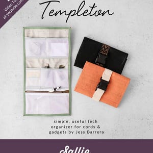 May include: A Templeton mini pattern series tech organizer by Jess Barrera. The image shows an open organizer with clear pockets containing cords and gadgets, alongside two closed organizers in black and orange, each secured with a buckle strap.