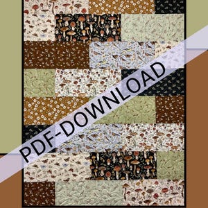 May include: A patchwork quilt pattern titled "Biscotti" with various fabric patterns including mushrooms, butterflies, and floral designs. The words "PDF-DOWNLOAD" are across the quilt. The designer is Heidi Cook for Villa Rosa Designs.