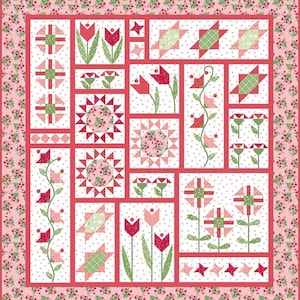 May include: A patchwork quilt with a floral theme. The quilt features various blocks with red tulips, green leaves, and geometric patterns. The color palette includes shades of red, pink, green, and white. The border has a repeating floral pattern.