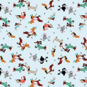 May include: A light blue background features a repeating pattern of various dog breeds, including dachshunds and poodles. The dogs are depicted in playful poses, some wearing hats, sweaters, and bow ties. Each dog has a camera around its neck. Small black hearts are scattered throughout.